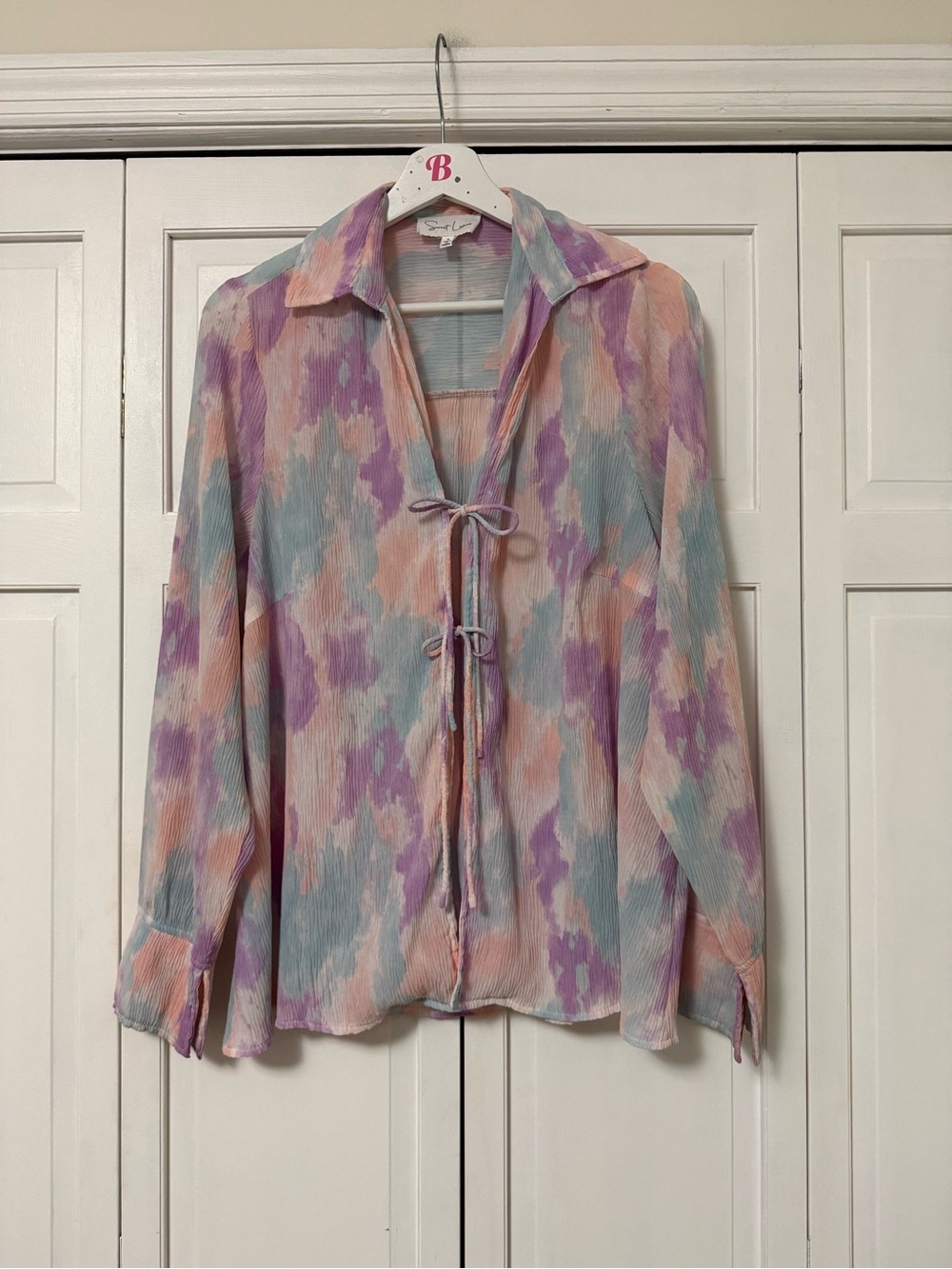 Sweet Lemon Two Tie-Front Pastel Watercolor Print Blouse Oversized Coastal Beach